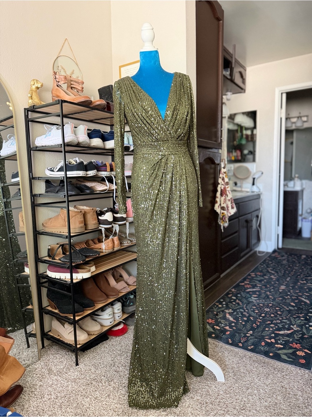 Ieena for MacDuggal Olive Green Sequin Long-Sleeve Evening Gown